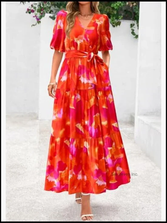 Summer Maxi Dress V-Neck Puff Sleeve Flowy Boho Floral Beach Dress - Picture 6 of 7